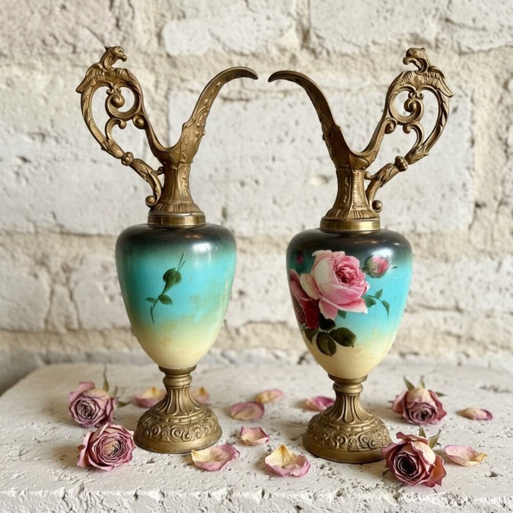 Victorian Austrian Hand Painted Ewers Pair-Griffin-Green Man-Bronze-Antique-Rose